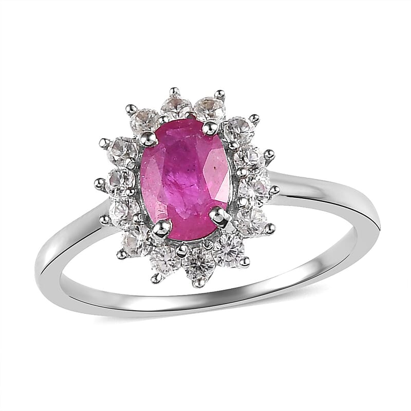 Premium Montepuez Ruby and Natural White Zircon 1.30 ctw Sunburst Ring in Platinum Over Sterling Silver (Size 10.0) 