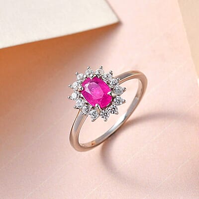 Premium Montepuez Ruby and Natural White Zircon 1.30 ctw Sunburst Ring in Platinum Over Sterling Silver (Size 10.0) 