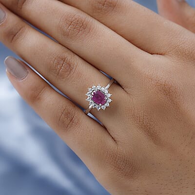 Premium Montepuez Ruby and Natural White Zircon 1.30 ctw Sunburst Ring in Platinum Over Sterling Silver (Size 10.0) 