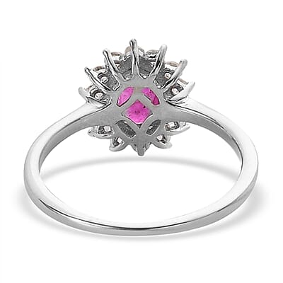 Premium Montepuez Ruby and Natural White Zircon 1.30 ctw Sunburst Ring in Platinum Over Sterling Silver (Size 10.0) 