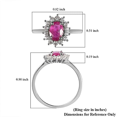 Premium Montepuez Ruby and Natural White Zircon 1.30 ctw Sunburst Ring in Platinum Over Sterling Silver (Size 10.0) 