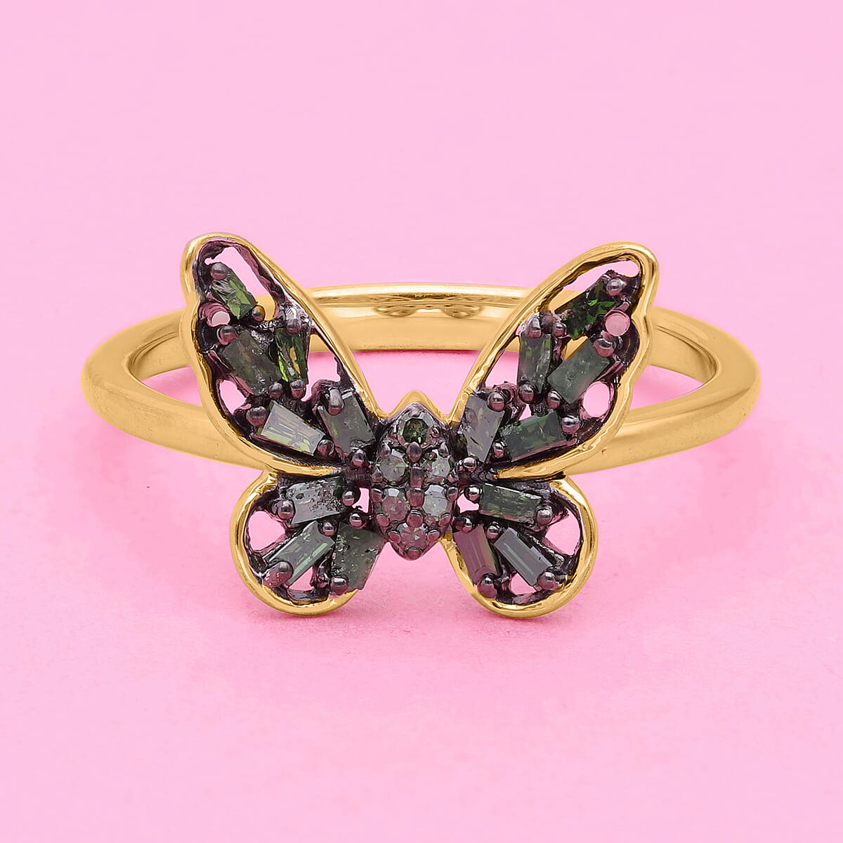 Green Diamond Butterfly Ring in Rhodium & Vermeil Yellow Gold Over Sterling Silver (Size 7.0) 0.33 ctw image number 1