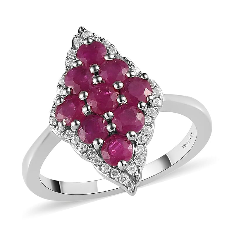 Premium Montepuez Ruby and Natural White Zircon Ring in Platinum Over Sterling Silver (Size 10.0) 1.70 ctw