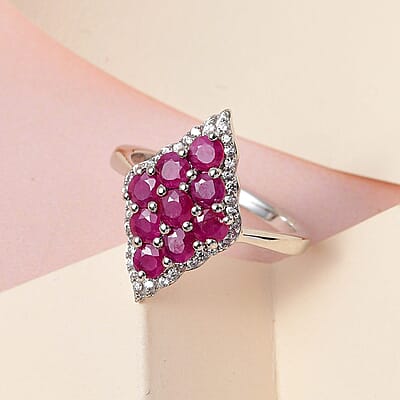 Premium Montepuez Ruby and Natural White Zircon Ring in Platinum Over Sterling Silver (Size 10.0) 1.70 ctw