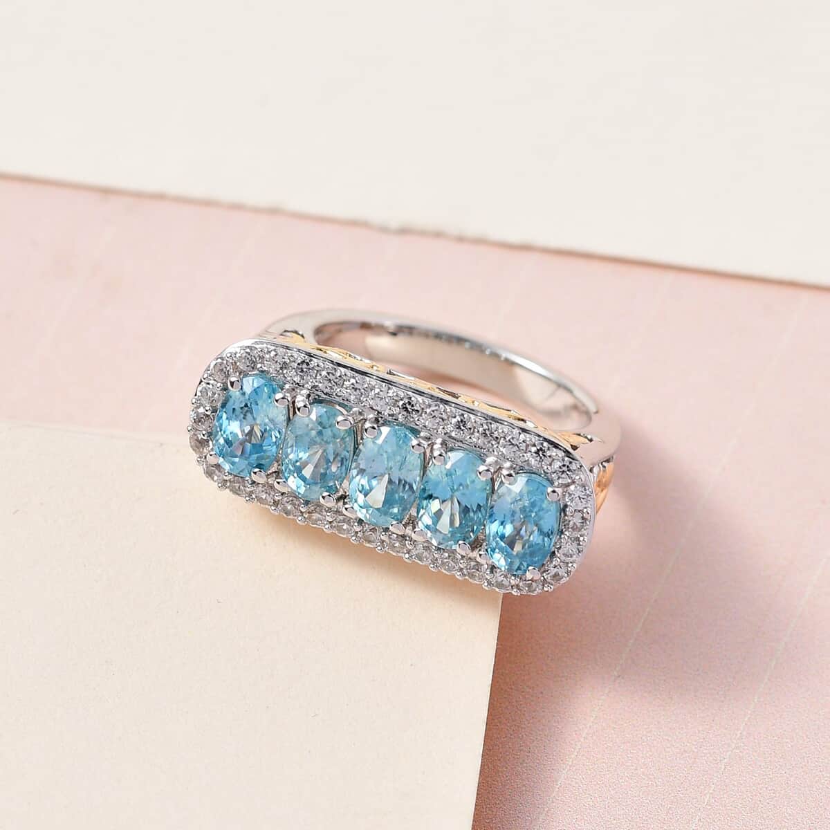 Premium Cambodian Blue Zircon and Natural White Zircon 5 Stone Ring in Vermeil Yellow Gold and Platinum Over Sterling Silver (Size 10.0) 4.75 ctw image number 1
