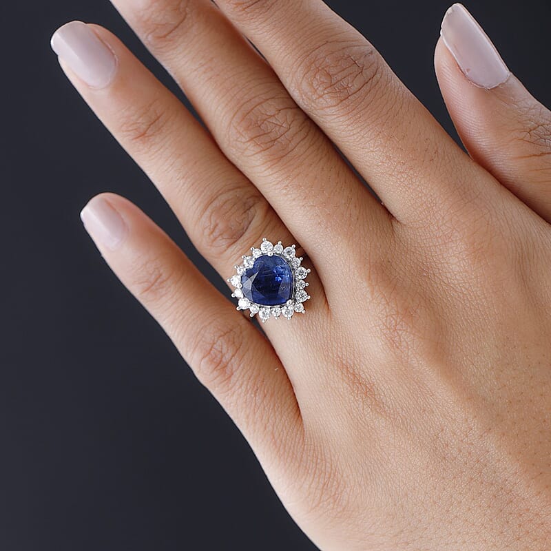 Premium Kashmir Kyanite and Moissanite 3.10 ctw Heart Shape Halo Ring in Platinum Over Sterling Silver (Size 10.0)