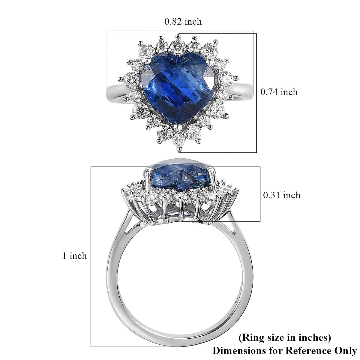 Premium Kashmir Kyanite, Moissanite Heart Shape Halo Ring in Platinum Over Sterling Silver (Size 10.0) 3.10 ctw