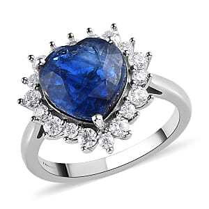 Premium Kashmir Kyanite and Moissanite Heart Shape Halo Ring in Platinum Over Sterling Silver (Size 6.0) 3.10 ctw