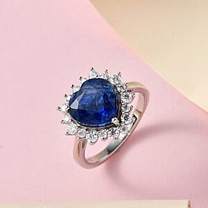 Premium Kashmir Kyanite and Moissanite Heart Shape Halo Ring in Platinum Over Sterling Silver (Size 6.0) 3.10 ctw