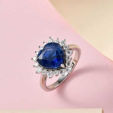 Premium Kashmir Kyanite and Moissanite Heart Shape Halo Ring in Platinum Over Sterling Silver (Size 6.0) 3.10 ctw image number 1
