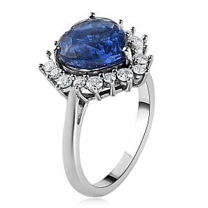 Premium Kashmir Kyanite and Moissanite Heart Shape Halo Ring in Platinum Over Sterling Silver (Size 6.0) 3.10 ctw