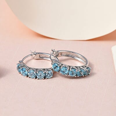 Premium Cambodian Blue Zircon Hoop Earrings in Platinum Over Sterling Silver 4.50 ctw