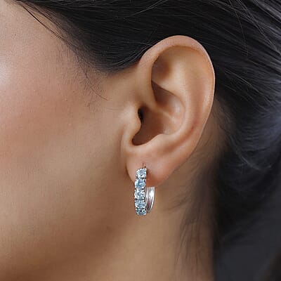 Premium Cambodian Blue Zircon Hoop Earrings in Platinum Over Sterling Silver 4.50 ctw