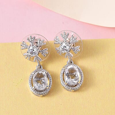 Mexican Hyalite Opal and Moissanite Snow Flake Earrings in Platinum Over Sterling Silver 2.35 ctw with Free UV Flash Light