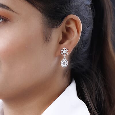 Mexican Hyalite Opal and Moissanite Snow Flake Earrings in Platinum Over Sterling Silver 2.35 ctw with Free UV Flash Light