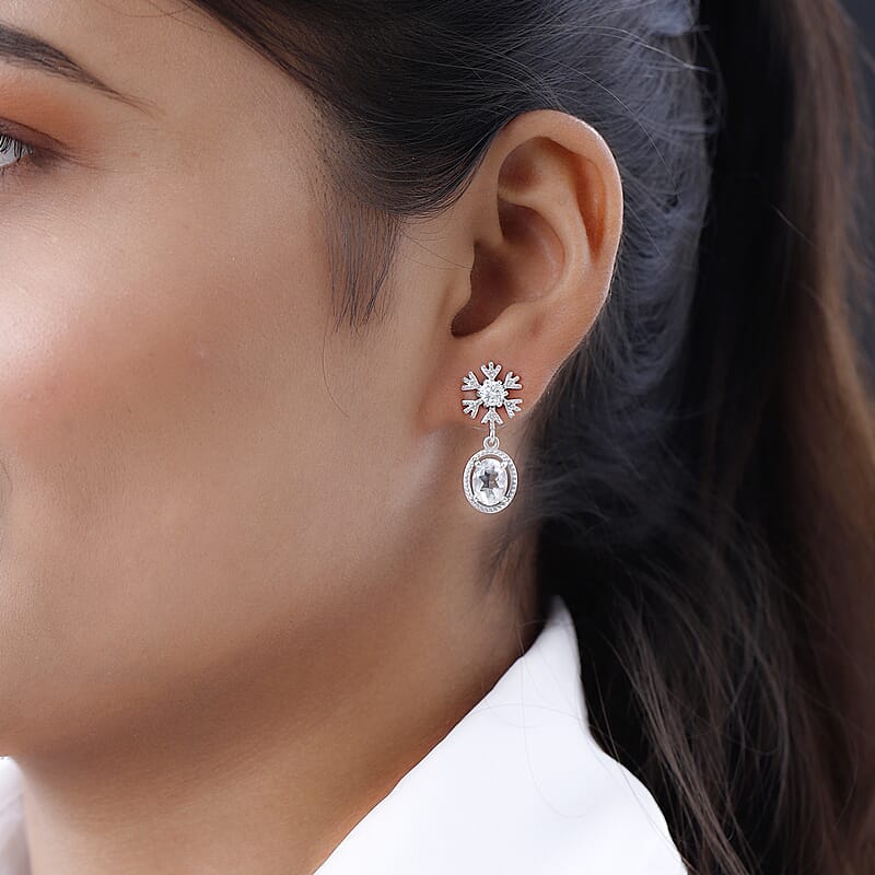 Mexican Hyalite Opal and Moissanite Snow Flake Earrings in Platinum Over Sterling Silver 2.35 ctw with Free UV Flash Light