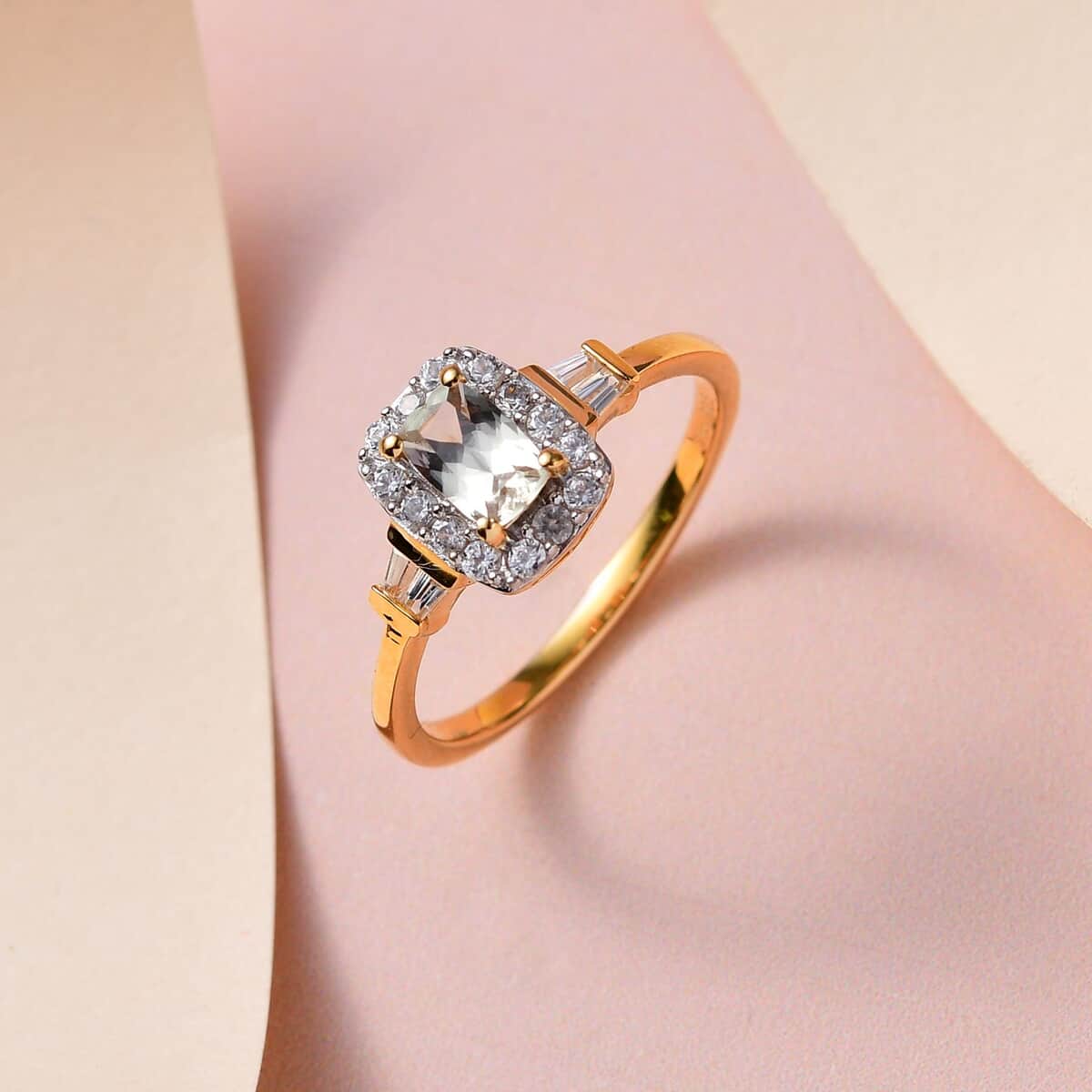 Turkizite and White Zircon Halo Ring in Vermeil Yellow Gold Over Sterling Silver (Size 5.0) 1.15 ctw image number 1
