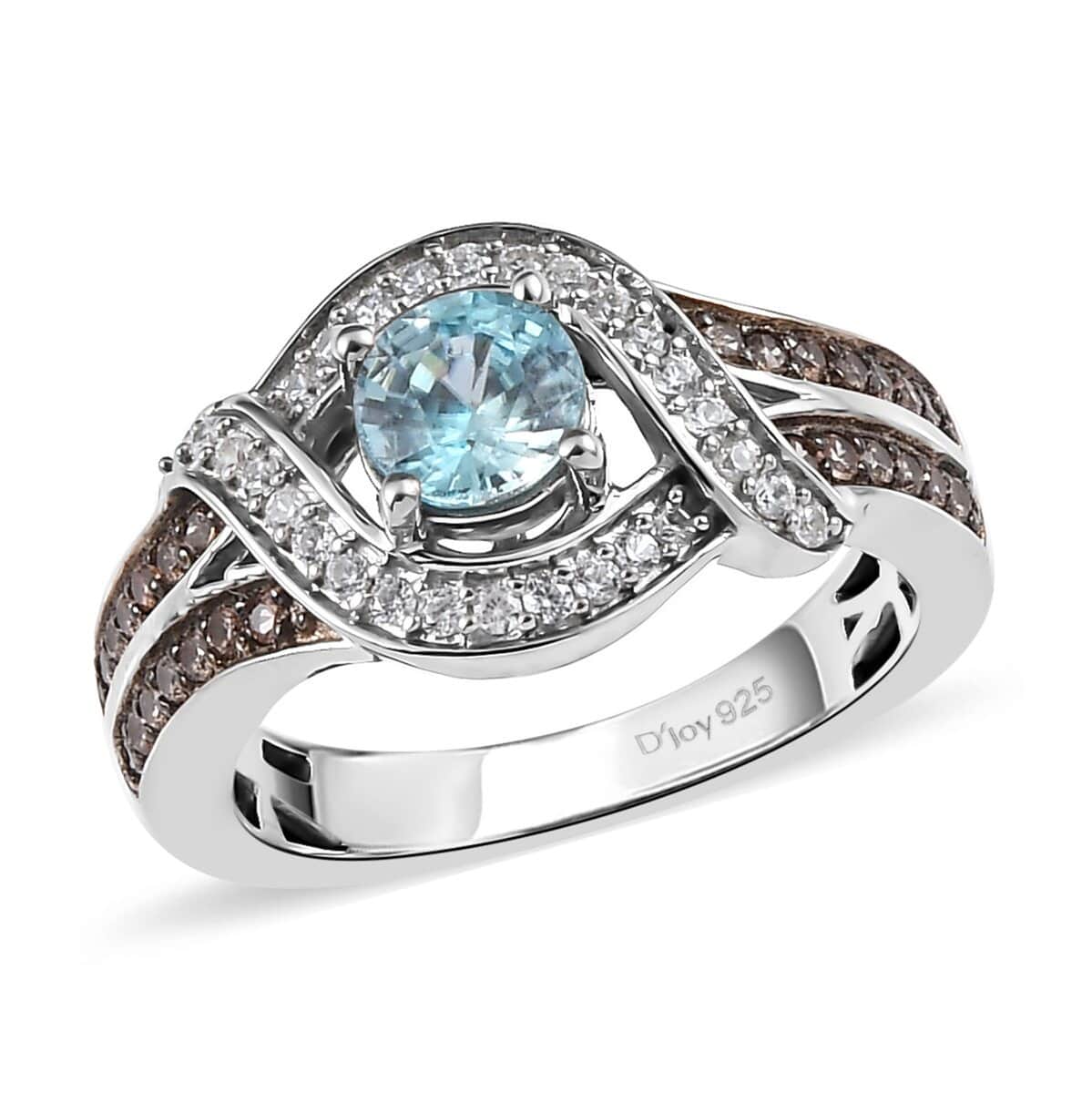 Premium Cambodian Blue Zircon, Natural White and Champagne Zircon Ring in Platinum Over Sterling Silver (Size 5.0) 1.60 ctw image number 0