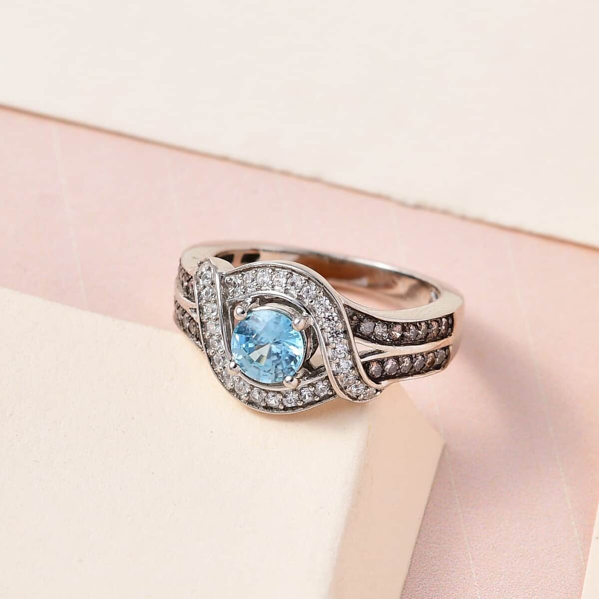 Premium Cambodian Blue Zircon, Natural White and Champagne Zircon Ring in Platinum Over Sterling Silver (Size 5.0) 1.60 ctw image number 1