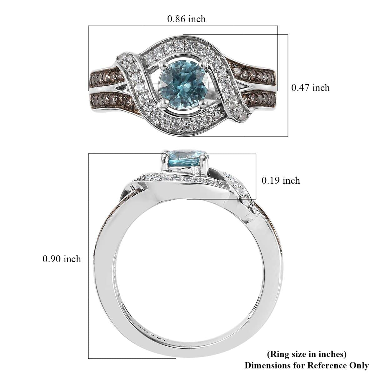 Premium Cambodian Blue Zircon, Natural White and Champagne Zircon Ring in Platinum Over Sterling Silver (Size 5.0) 1.60 ctw image number 5