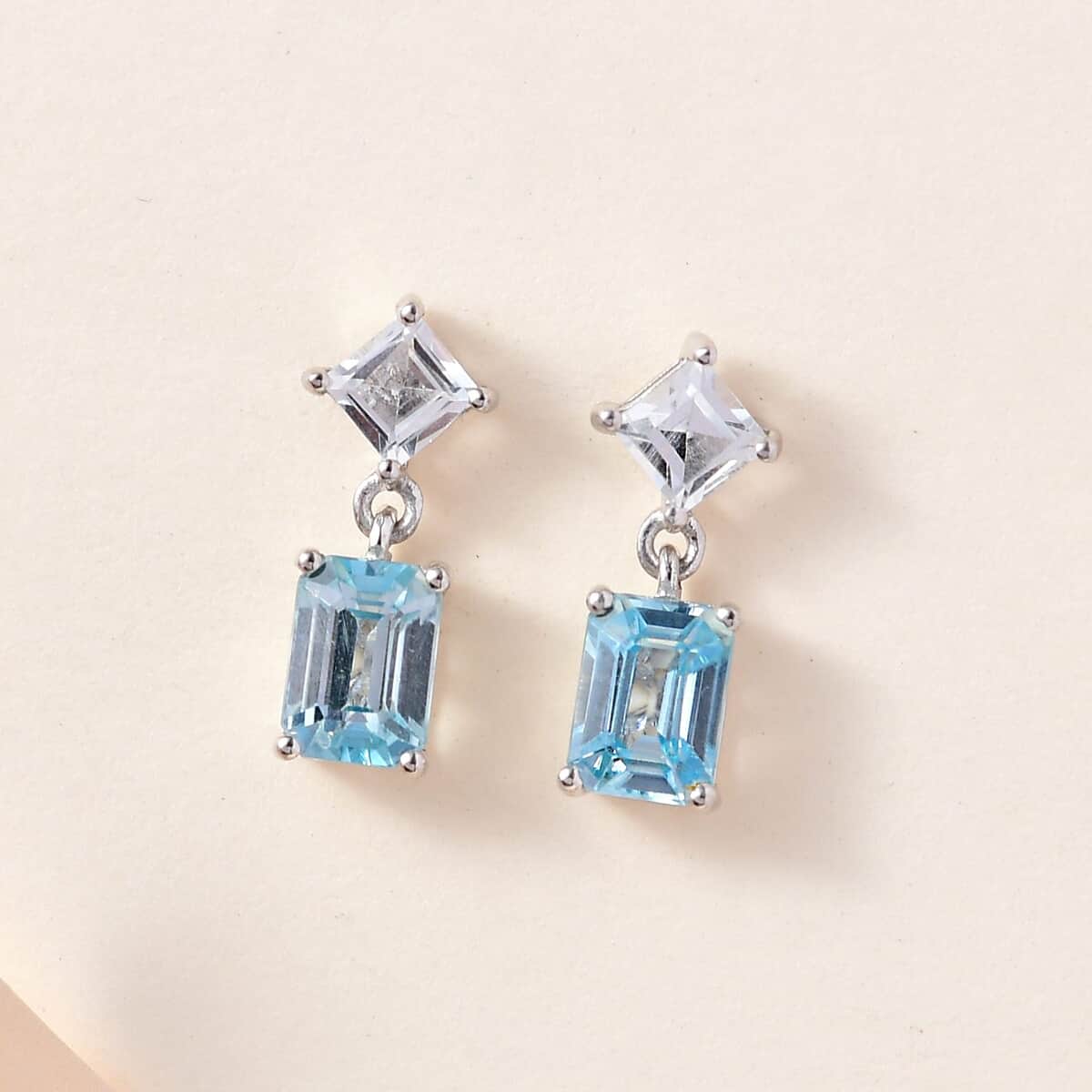 Premium Cambodian Blue Zircon and White Topaz Dangling Earrings in Platinum Over Sterling Silver 4.00 ctw image number 1