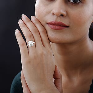 Moissanite 9.40 ctw Ring, Moissanite Three Stone Ring, Moissanite Trilogy Ring, Rhodium Over Sterling Silver Ring (Size 10.0)