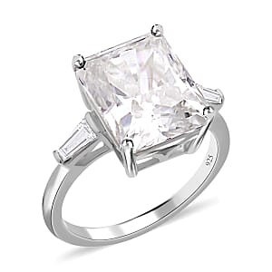 Moissanite 9.40 ctw Ring, Moissanite Three Stone Ring, Moissanite Trilogy Ring, Rhodium Over Sterling Silver Ring (Size 7.0)