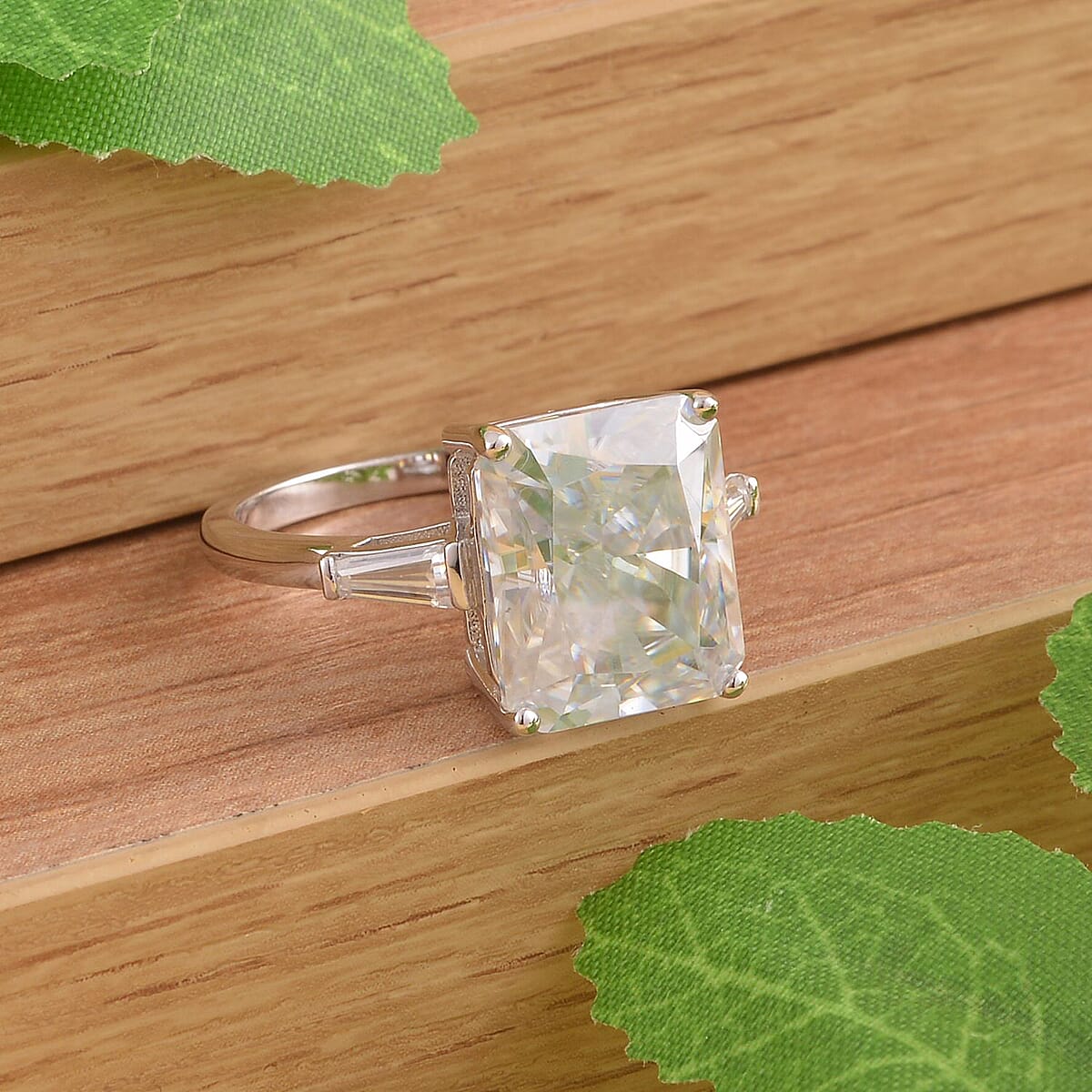 Moissanite 9.40 ctw Ring, Moissanite Three Stone Ring, Moissanite Trilogy Ring, Rhodium Over Sterling Silver Ring (Size 7.0) image number 1