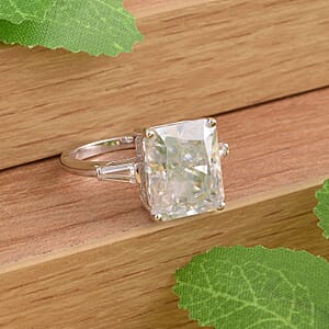 Moissanite 9.40 ctw Ring, Moissanite Three Stone Ring, Moissanite Trilogy Ring, Rhodium Over Sterling Silver Ring (Size 7.0)