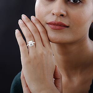 Moissanite 9.40 ctw Ring, Moissanite Three Stone Ring, Moissanite Trilogy Ring, Rhodium Over Sterling Silver Ring (Size 7.0)