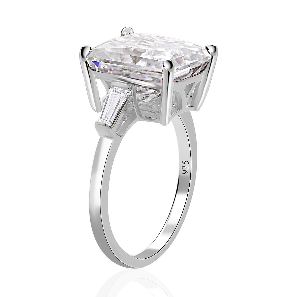 Moissanite 9.40 ctw Ring, Moissanite Three Stone Ring, Moissanite Trilogy Ring, Rhodium Over Sterling Silver Ring (Size 7.0) image number 3