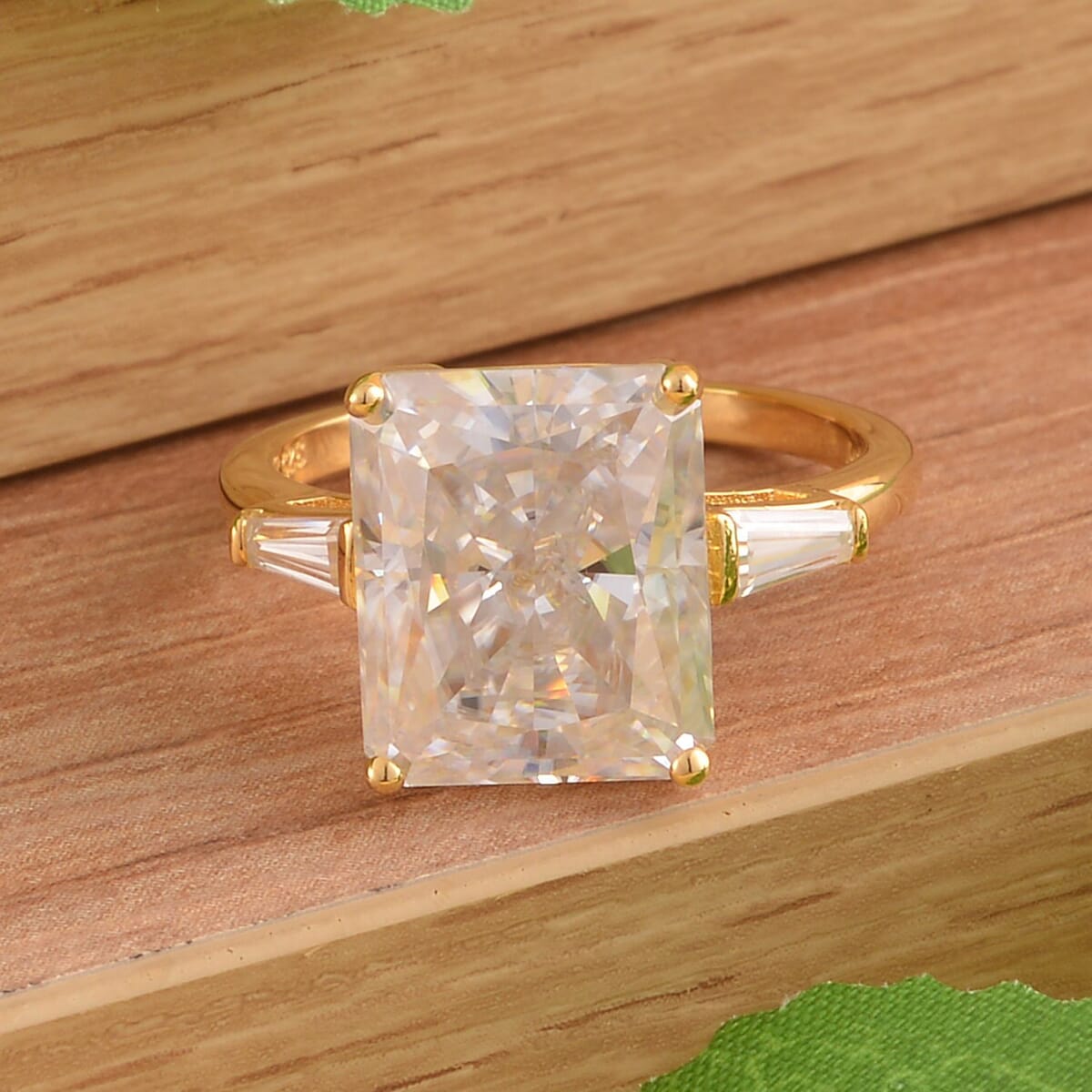 Moissanite 7.50 ctw Ring , Moissanite Three Stone Ring , Moissanite Trilogy Ring , Vermeil Yellow Gold Over Sterling Silver Ring (Size 9) image number 1