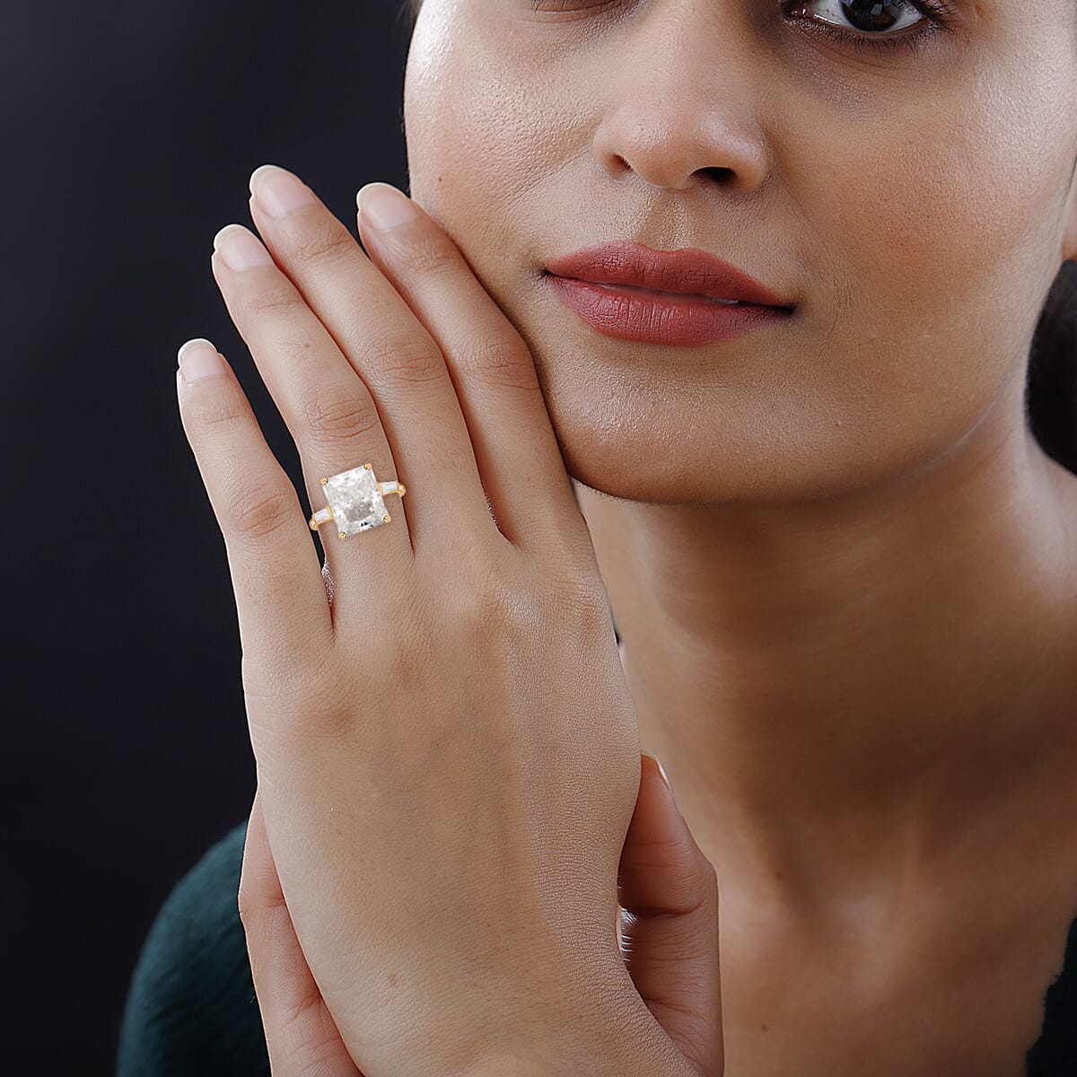 Moissanite 7.50 ctw Ring , Moissanite Three Stone Ring , Moissanite Trilogy Ring , Vermeil Yellow Gold Over Sterling Silver Ring (Size 9) image number 2