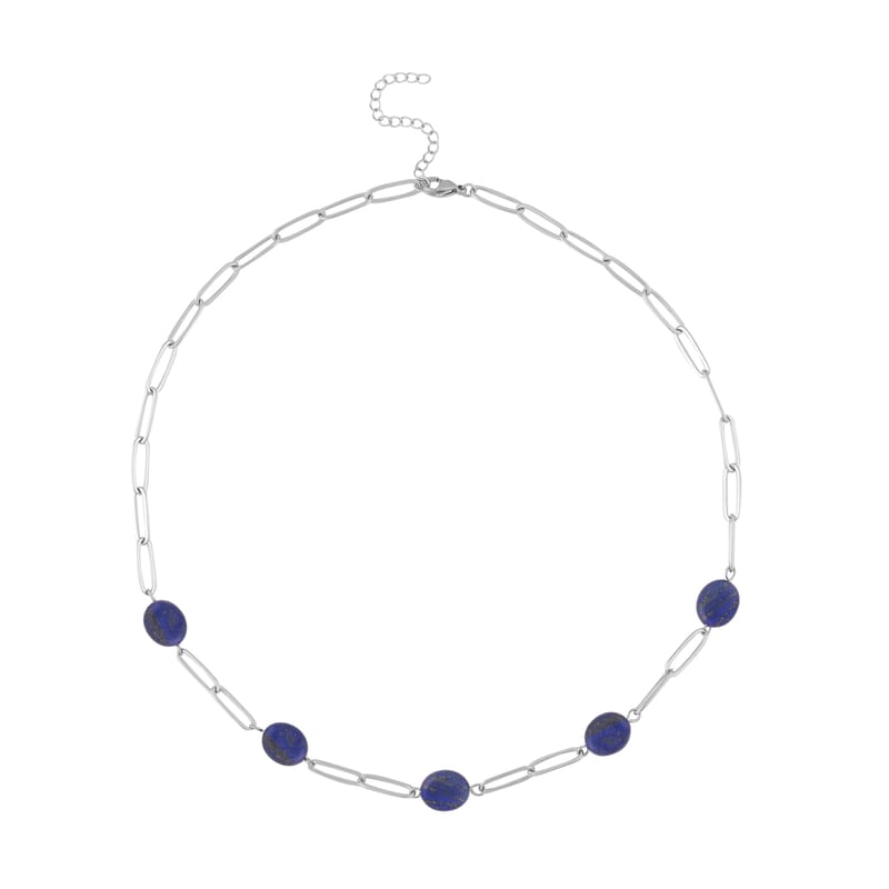 Lapis Lazuli 30.00 ctw Paper Clip Station Necklace in Stainless Steel 18-20 Inches, Tarnish-Free, Waterproof, Sweat Proof Jewelry