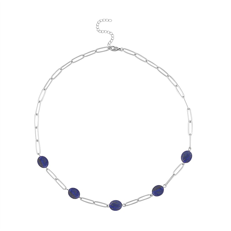 Lapis Lazuli 30.00 ctw Paper Clip Station Necklace in Stainless Steel 18-20 Inches, Tarnish-Free, Waterproof, Sweat Proof Jewelry