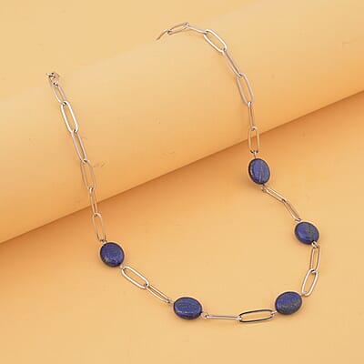 Lapis Lazuli 30.00 ctw Paper Clip Station Necklace in Stainless Steel 18-20 Inches, Tarnish-Free, Waterproof, Sweat Proof Jewelry