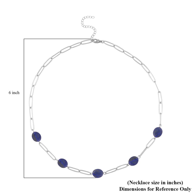 Lapis Lazuli 30.00 ctw Paper Clip Station Necklace in Stainless Steel 18-20 Inches, Tarnish-Free, Waterproof, Sweat Proof Jewelry