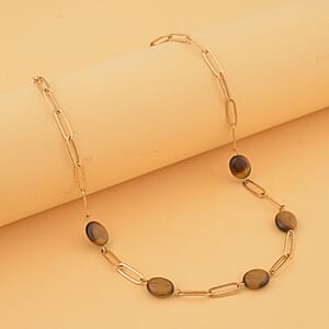 Tiger's Eye 30.00 ctw Paper Clip Station Necklace in ION Plated YG Stainless Steel 18-20 Inches, Tarnish-Free, Waterproof, Sweat Proof Jewelry