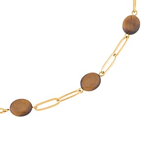 Tiger's Eye 30.00 ctw Paper Clip Station Necklace in ION Plated YG Stainless Steel 18-20 Inches, Tarnish-Free, Waterproof, Sweat Proof Jewelry