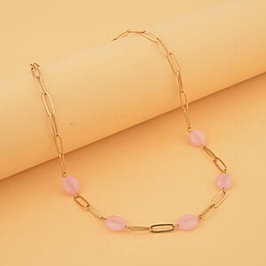 Galilea Rose Quartz 30.00 ctw Paper Clip Station Necklace in ION Plated YG Stainless Steel 18-20 Inches, Tarnish-Free, Waterproof, Sweat Proof Jewelry