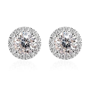100 Facet Moissanite Halo Stud Earrings in Platinum Over Sterling Silver 2.50 ctw
