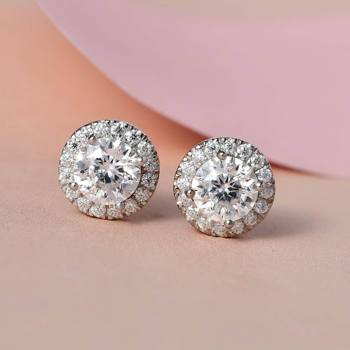 Buy 100 Facet Moissanite Halo Stud Earrings in Platinum Over Sterling ...