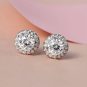 100 Facet Moissanite Halo Stud Earrings in Platinum Over Sterling Silver 2.50 ctw