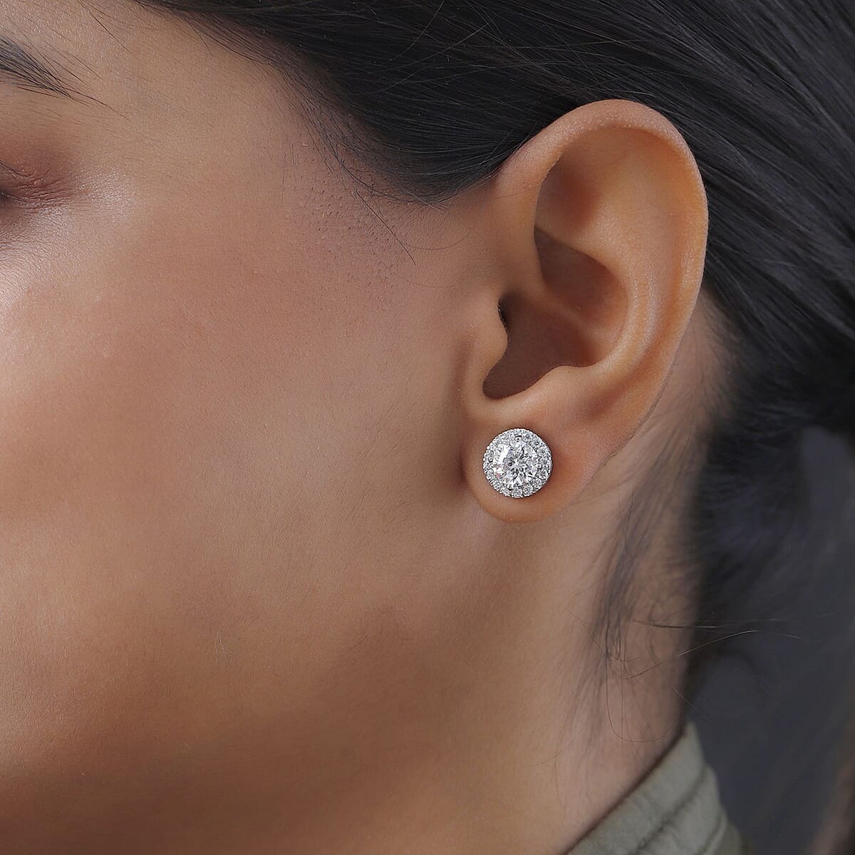 100 Facet Moissanite Halo Stud Earrings in Platinum Over Sterling Silver 2.50 ctw image number 2