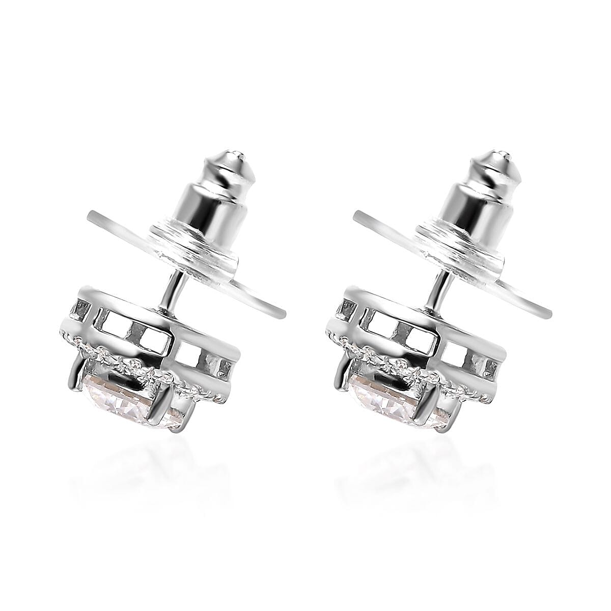 100 Facet Moissanite Halo Stud Earrings in Platinum Over Sterling Silver 2.50 ctw image number 3