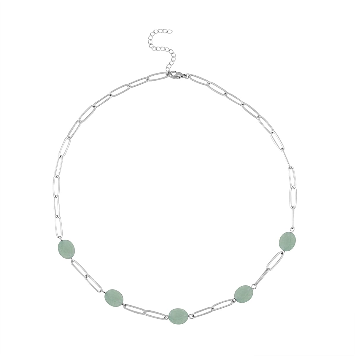 Green Aventurine 30.00 ctw Paper Clip Station Necklace in Stainless Steel 18-20 Inches, Tarnish-Free, Waterproof, Sweat Proof Jewelry image number 0