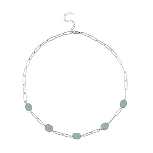 Green Aventurine 30.00 ctw Paper Clip Station Necklace in Stainless Steel 18-20 Inches, Tarnish-Free, Waterproof, Sweat Proof Jewelry