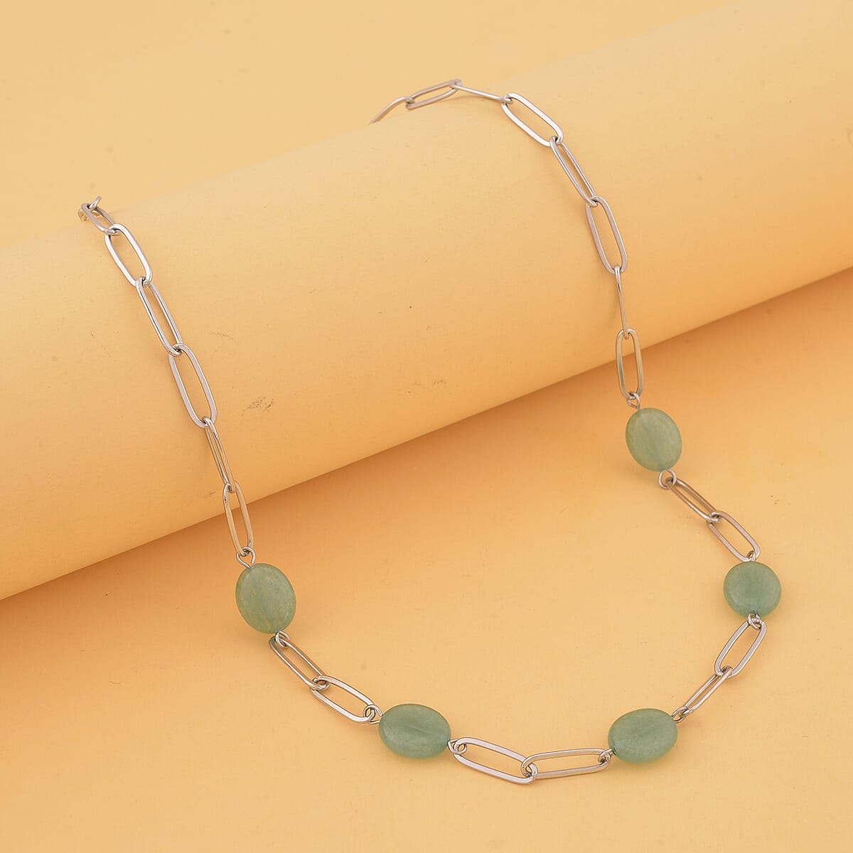 Green Aventurine 30.00 ctw Paper Clip Station Necklace in Stainless Steel 18-20 Inches, Tarnish-Free, Waterproof, Sweat Proof Jewelry image number 1