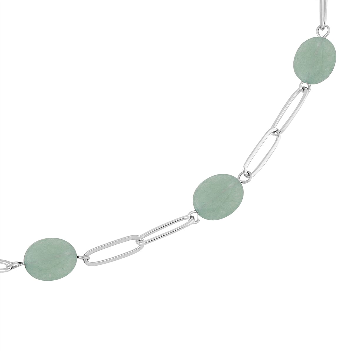 Green Aventurine 30.00 ctw Paper Clip Station Necklace in Stainless Steel 18-20 Inches, Tarnish-Free, Waterproof, Sweat Proof Jewelry image number 2