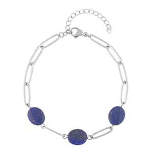 Lapis Lazuli Paper Clip Chain Station Bracelet in Stainless Steel (7.50-9.50In) 18.00 ctw , Tarnish-Free, Waterproof, Sweat Proof Jewelry